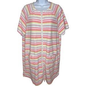 Calypso Womens Pink Striped Zip Front Terry Cloth Robe Dress Sz L Beach Coverup